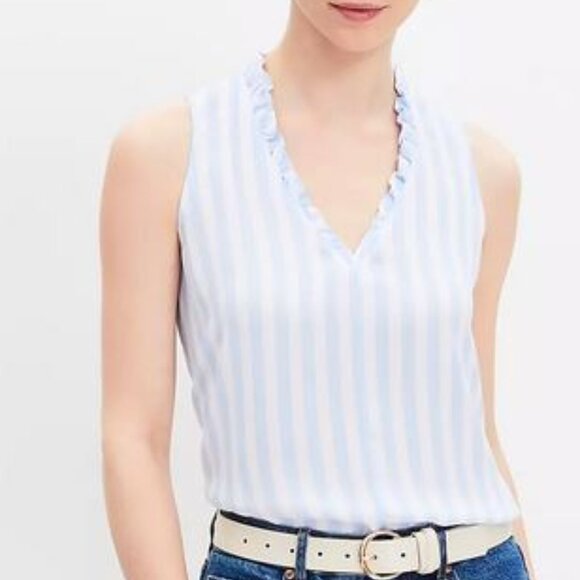 NEW - Striped Ruffle V-neck Mixed Media Shell - Picture 2 of 3